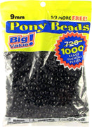 9mm Opaque Black Plastic Pony Beads Bulk 1,000 Pieces