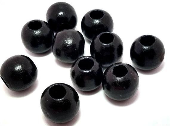 32mm Black Round Wooden Macrame Beads 12mm Hole 2 Pieces